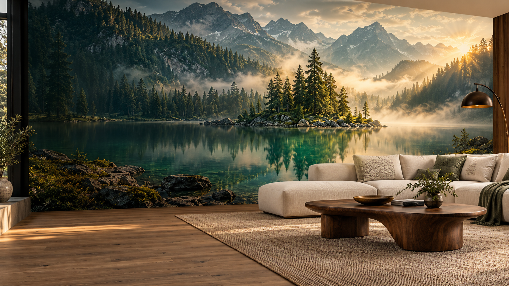Smaragden forest lake mural in a contemporary interior